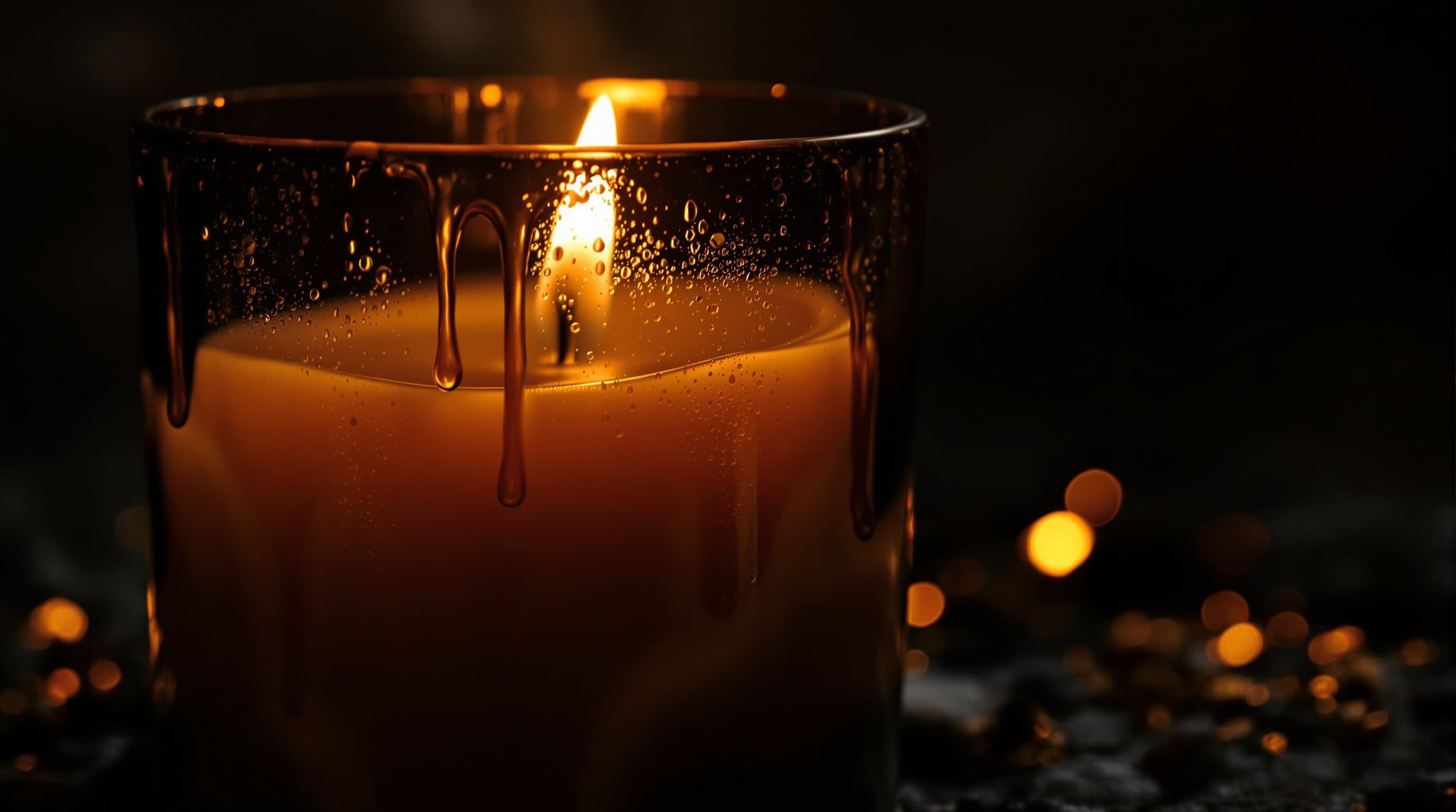 A hand-poured candle resting on travertine